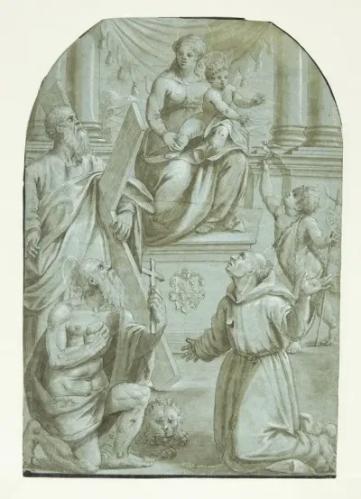 Maria Med Jesusbarnet Tronende Omgivet Af Apostlen Andreas Johannes Doberen Som Barn Den Hellige Jeronimus Og Den Hellige Frans Af Assisi