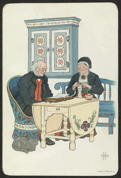Married Couple Reading The Bible And Knitting In The Living Room
