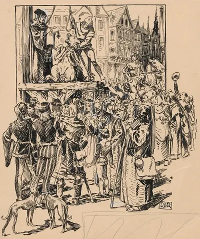Medieval Motif An Executioner Prepares To Hang A Pig Dressed In A Robe While Another Man Reads Out A Decree