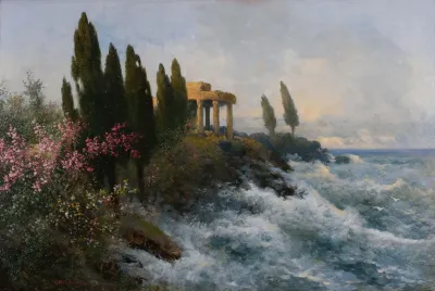 Mediterrane Landschaft Mit Antikem Tempel