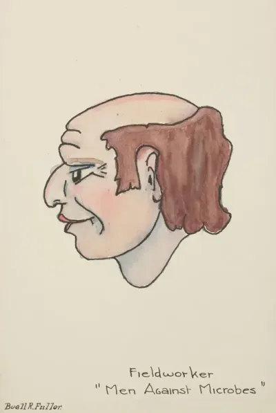 Men Against Microbesmarionettes Fieldworker Head With Pink Lips And Balding Brown Hair