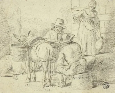 Men And Donkeys Woman With Pitcher