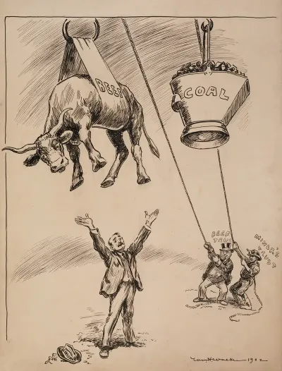 Men Representing The Beef And Miners Trusts Pull Beef And Coal Out Of The Reach Of A Man Representing Consumers