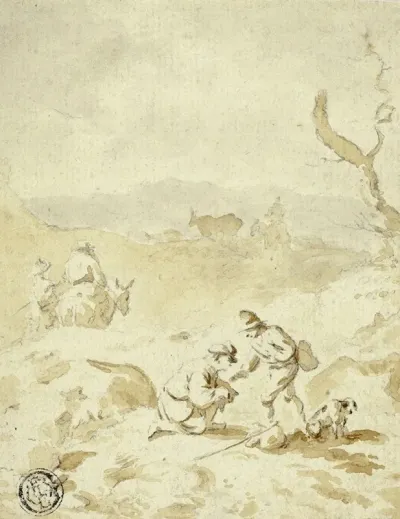 Men Traveling Through Hills With Mules Packs And Dog