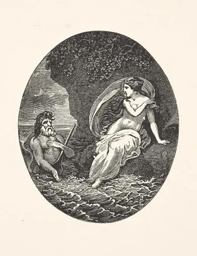 Merman Near Woman Seated On A Rock