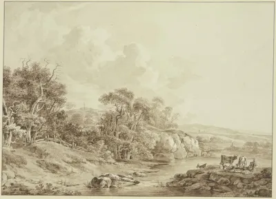 Mittelgebirgslandschaft Mit Bach Rechts Viehherde