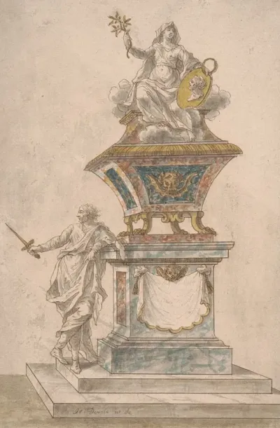 Monument Peace Seated Upon An Urn A Man With Drawn Sword Standing On The Base Of The Monument