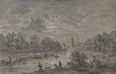 Moonlit View Of A River With Fishermen And A Town In The Background