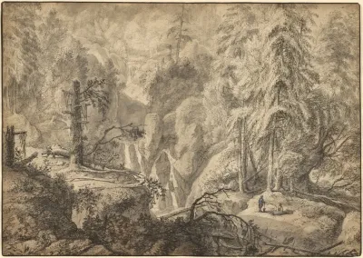 Mountain Landscape Peasants In A Clearing Near A Waterfall