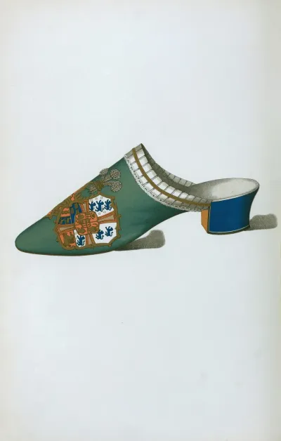 Mule Or Bedroom Slipper In Green Velvet With Coat Of Arms Embroidered In Silk And Metallic Threads