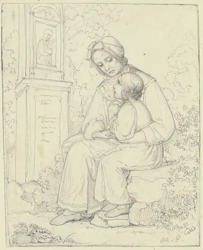 Mutter Mit Betendem Kind Vor Einem Bildstock Mit Einem Madonnenbild