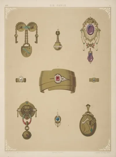 Nine Designs For Jewelry Including Gold Bracelet With Red Stone