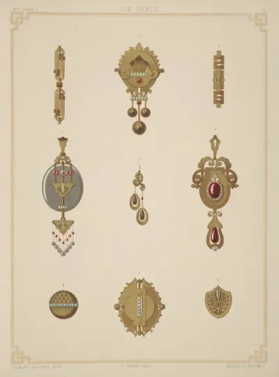Nine Designs For Jewelry Including Gold Brooch With Green And Red Stones