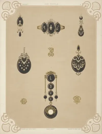 Nine Designs For Jewelry Including Pendant Watch With Word Love In Diamonds