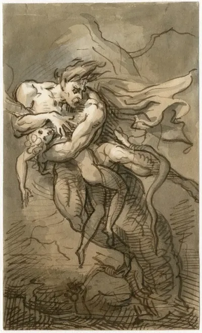 Nude Man And Boy Holding On To A Tree While Being Attacked By A Snake
