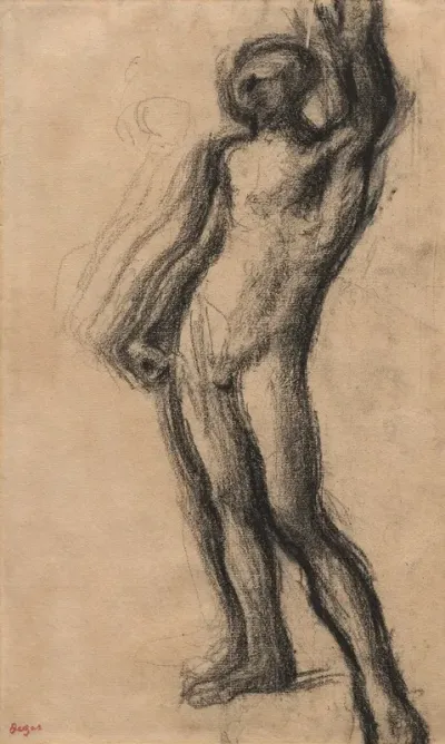 Nude Man Standing With Left Hand Raised