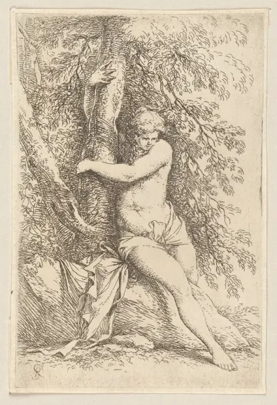 Nude Seated Holding Onto A Tree