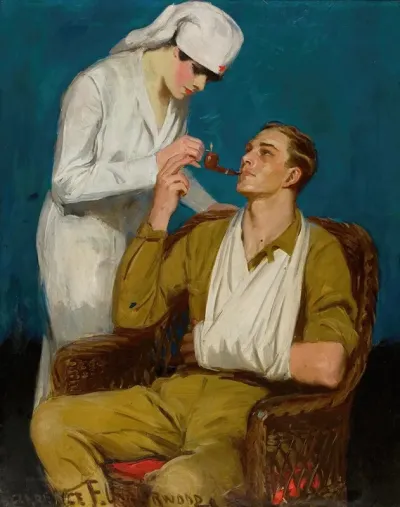 Nurse Lighting A Pipe