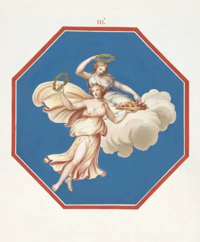 Octagonal Painting Of Two Women Riding A Cloud And Holding Wreaths And Flowers