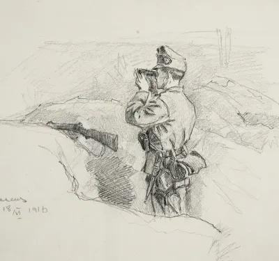 Oficer Legionu Ukrainskich Strzelcow Siczowych 1914 1920 W Okopie Obserwujacy Przez Lornetke Przedpole