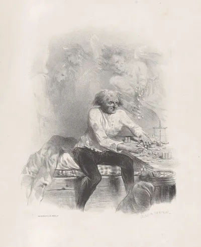 Old Man Counting Money At A Table With A Scale