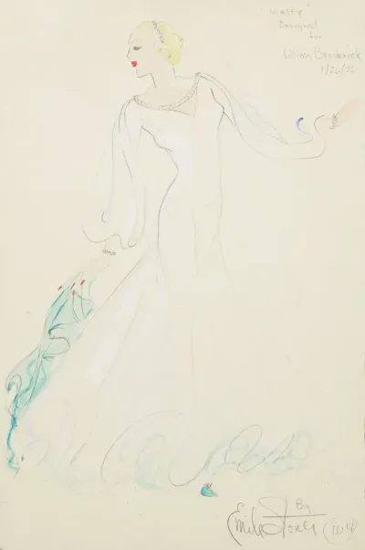 On Top Designed For Lillian Broderick White Gown With Bishop Sleeves And Blue Scarf