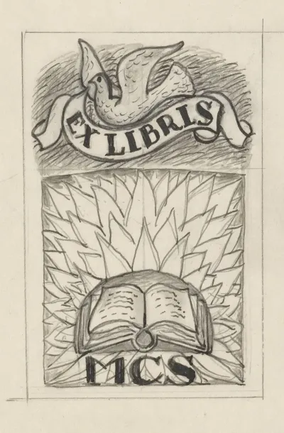 Ontwerp Ex Libris Voor Mcs Met Voorstelling Van Een Open Boek En Een Duif