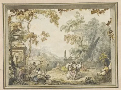 Ontwerp Voor Een Kamerbeschildering Idyllisch Arcadisch Landschap Met Klassieke Gebouwen