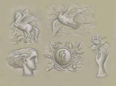Ontwerpen Voor Een Watermerk Van Een Bankbiljet Pegasus Duif Vrouwenhoofd Wapen En Hand Met Roos