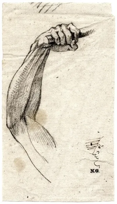 Opgeheven Arm Met Stok In De Hand Karikaturaal Gezicht