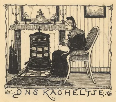 Oude Vrouw Met Kat Bij Een Kachel