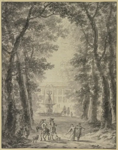 Parkanlage Mit Schlos Und Springbrunnen Vorne Zwei Reiter Und Einige Andere Figuren