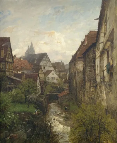 Partie In Der Esslinger Altstadt Am Stadtgraben Mit Den Beiden Turmen Der Stadtkirche Im Hintergrund