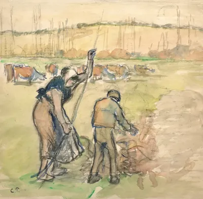 Paysanne Et Enfant Faisant Du Feu