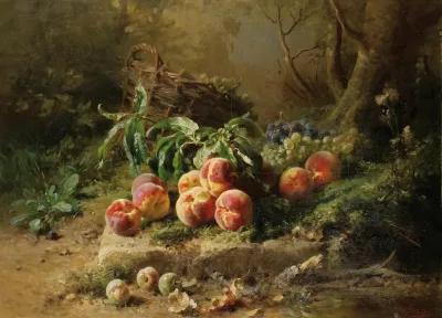 Peches Et Panier De Raisin Dans Un Sous Bois