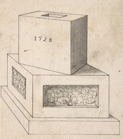 Perspectival Drawing Of A Column Base With Cube