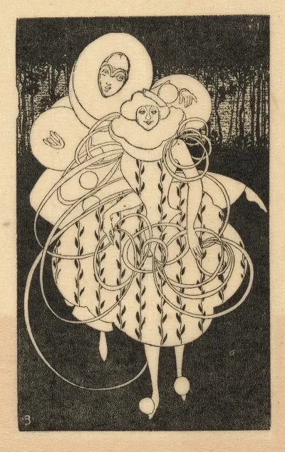 Pierrot Figure Dancing With Woman Encircled By Spiraling Cord