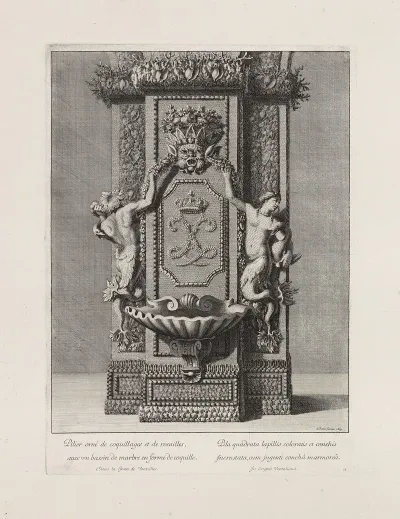 Pillar Decorated With Shells And Stones With A Marble Basin Shaped Like A Cockleshell