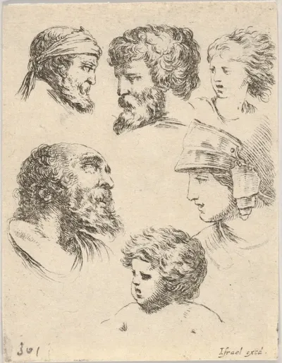 Plate 10 Six Heads Three Bearded Men One Soldier And Two Children