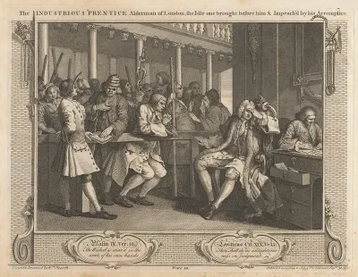 Plate 10 The Industrious Prentice Alderman Of London The Idle One Brought Before Him Impeachd By His Accomplice