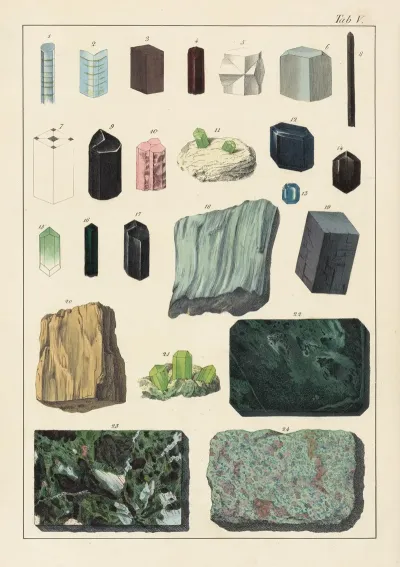 Plate V Kyanite Disthene Staurolite Andalusite Tourmaline Dichorite Peliom Augite Hornblende