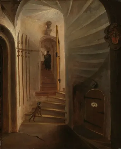 Portal Of A Stairway Tower With A Man Descending The Stairs Presumably The Moment Before The Assassination Of William The Silent In The Ptinsenhof Delft