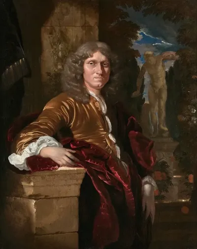 Portrait Dun Gentilhomme Accoude A Un Piedestal Devant Un Parc