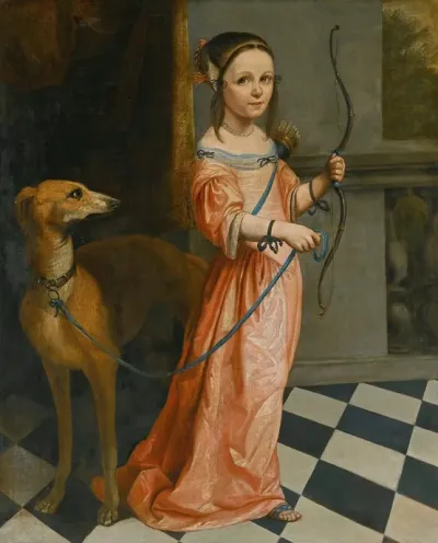 Portrait Of A Girl Full Length In A Pink Dress With A Bow And Hound