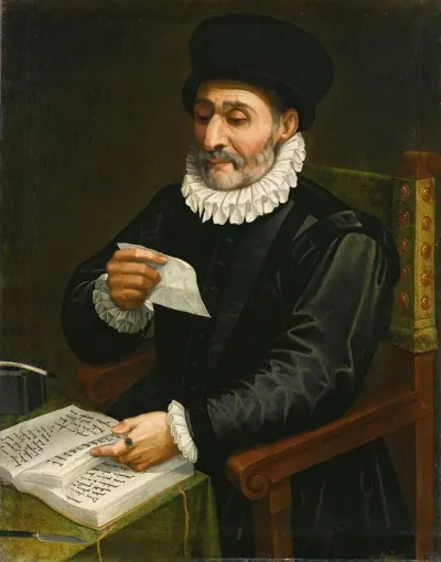 Portrait Of A Man Seated At A Table With An Open Book Reading A Letter