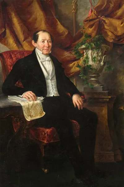 Portrait Of Franz Morawetz Raudnitz 1789 1868 Vienna With The Construction Plan Of The Sofienbad