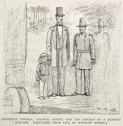 President Lincoln General Grant And Tad Lincoln At A Railway Station