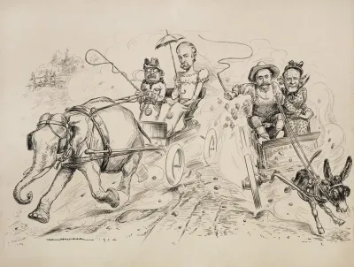 President Theodore Roosevelt And Vice Presidential Candidate Charles Fairbanks Depicted As A Woman Ride Together In A Carriage