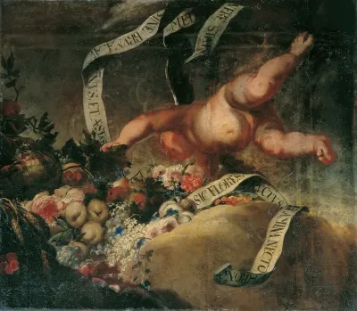 Putto Mit Blumen Fruchten Und Spruchband