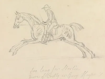 Racehorse With Jockey Up Galloping Seen From The Near Side The Jockey Holds A Switch
